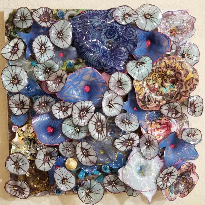 Margaret Craig, Purple Oddballs, cast acrylic etching, repurposed plastic, light, mixed media, 13" x 13" x 4", $1,000