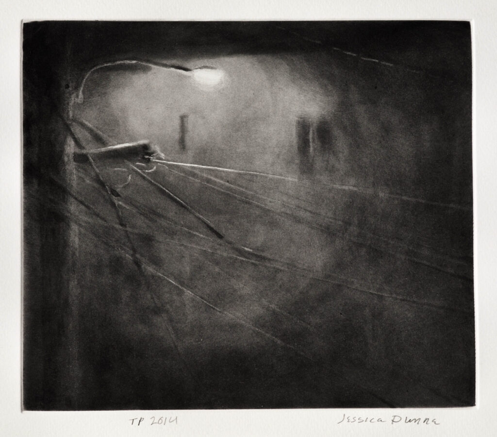 Jessica Dunne, Bright Wires, spit-bite aquatint, 9" x 9"