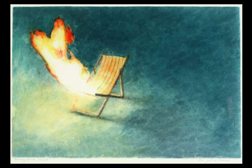 Jessica Dunne, Burning Beach Chair, monotype, 23" x 28" framed