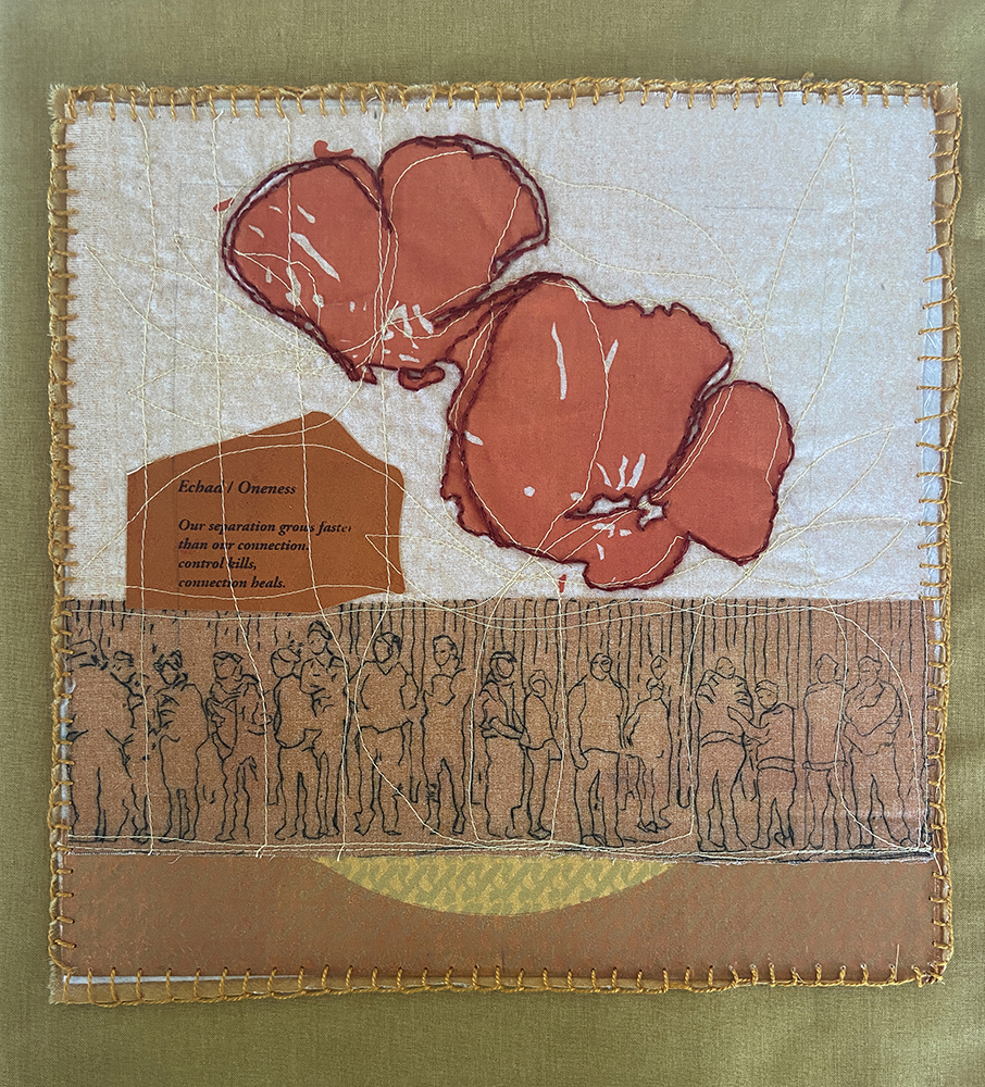 Evelyn Klein, Migrations II, Etching, screen print, monotype, stitching on fabric, 13 in x 13 in, 2021 Evelyn Klein, Migrations II, Etching, screen print, monotype, stitching on fabric, 13 in x 13 in, 2021