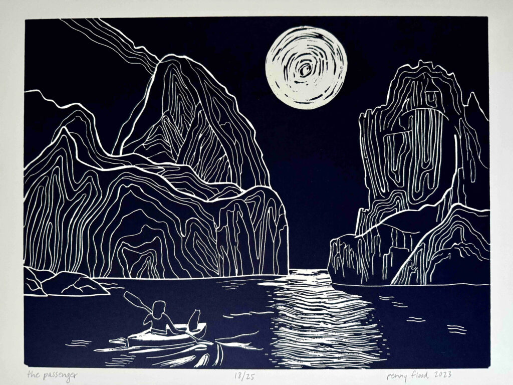 Penny Flood, The Passenger, linoleum block print, 9"x 12"