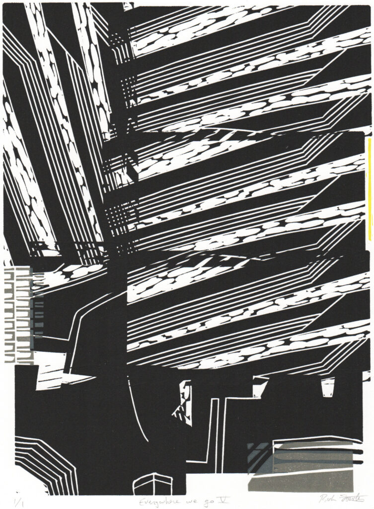 Rich Fowler, Everywhere we go V, linoleum print, 9"x 12"