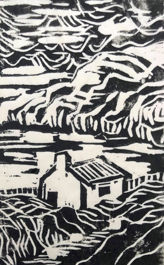 Stina Hals, The White House, Woodblock relief print with stencil; printed with chine colle on Kozo paper, 14" x 11"