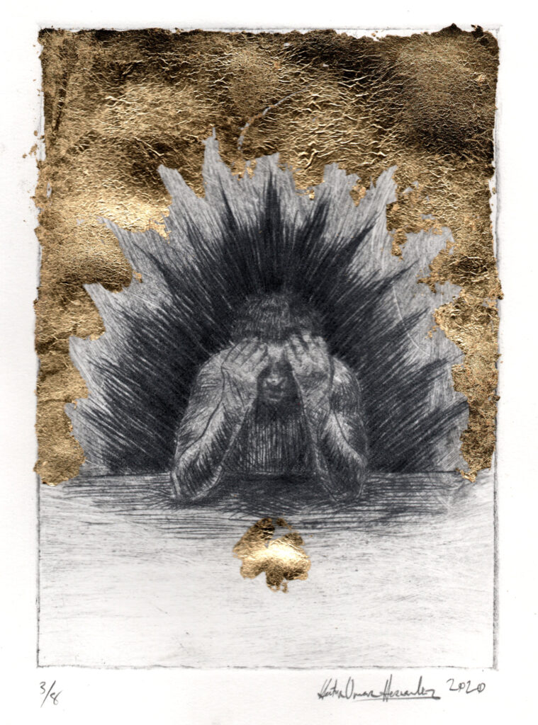 Hector Hernandez, I am One (1 of 2), drypoint and metal leaf, 5" x7"