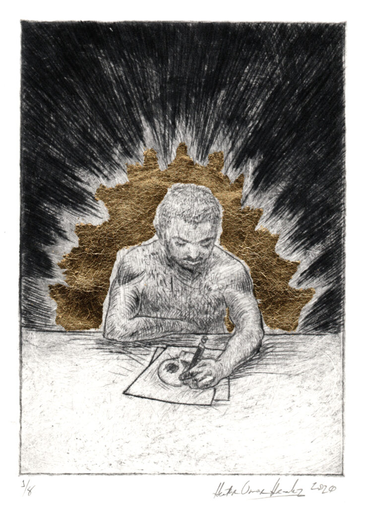 Hector Hernandez, I am One (2 of 2), drypoint and metal leaf, 5" x7"