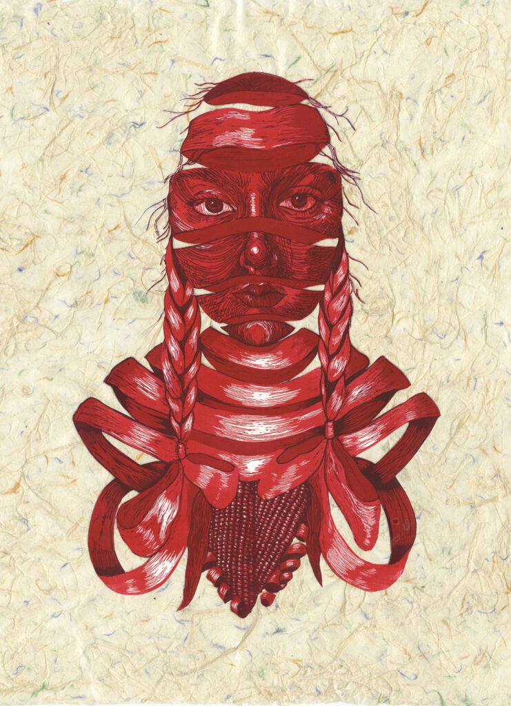 Amaya Lounibos Hartard, Unraveled, 3 layer reduction relief print, 16" x 20"