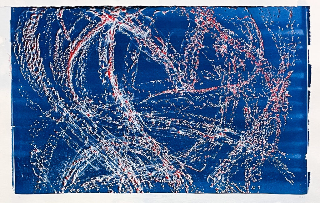 Betsy Siegal, In Between, Or, Her Ceiling, cyanotype, screenprint, on coventry rag paper, 74" x 35"