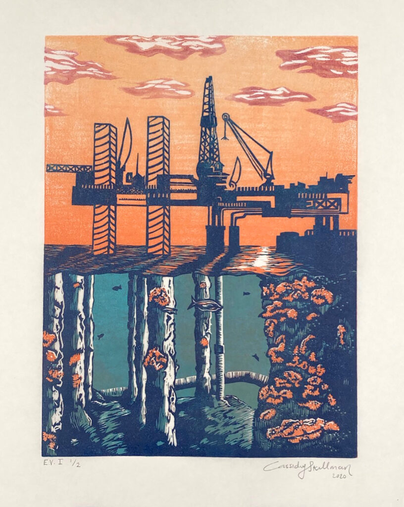 Cassidy Skillman, Neglected Places: Below the Offshore Rig, reduction woodblock, 15" x 13"
