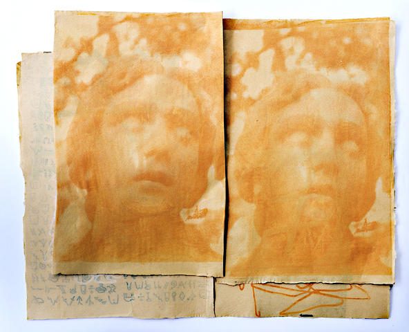 Erik Waterkotte, Ghosts Over Dead Language, handmade paper, blow-out stencil, screen-printed NC red clay, 18" x 24", $1,000