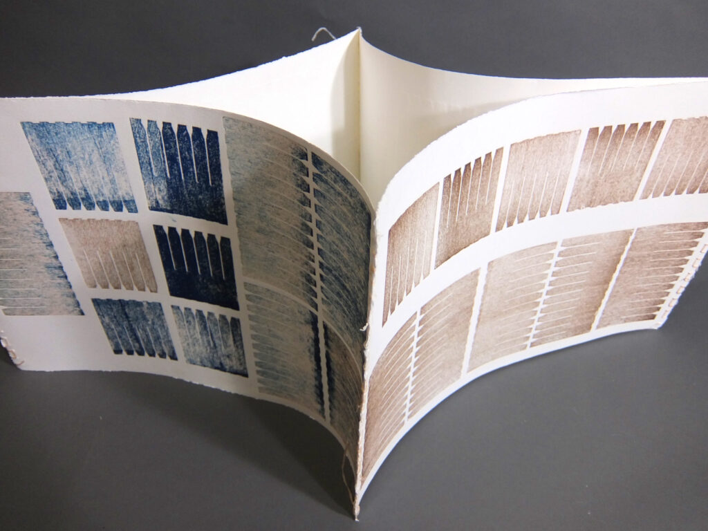 Susan Wolf, box cells boxed, stitched collagraph sculpture, various sizes approx. 15 1/2" x 34" x 12"